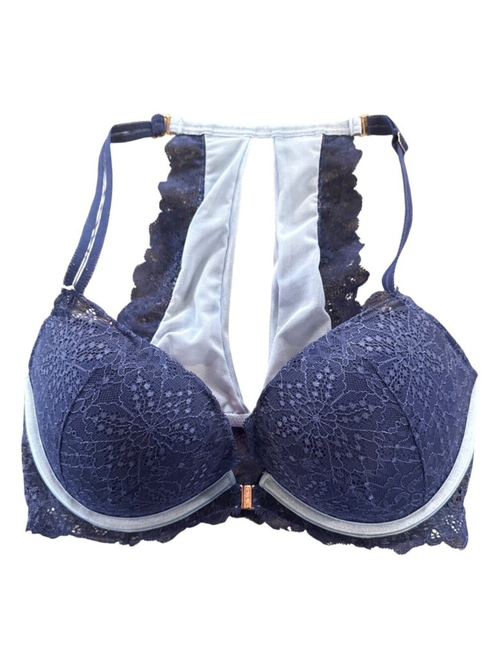 32DD Pink Victorias Secret Date Push-Up Racerback Bra Navy Blue Lace+Light Blue